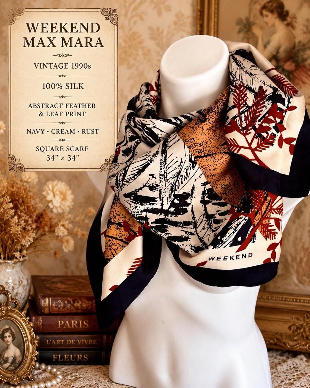Weekend Max Mara Silk Scarf 90s Vintage Abstract Designer Square Scarf 35”